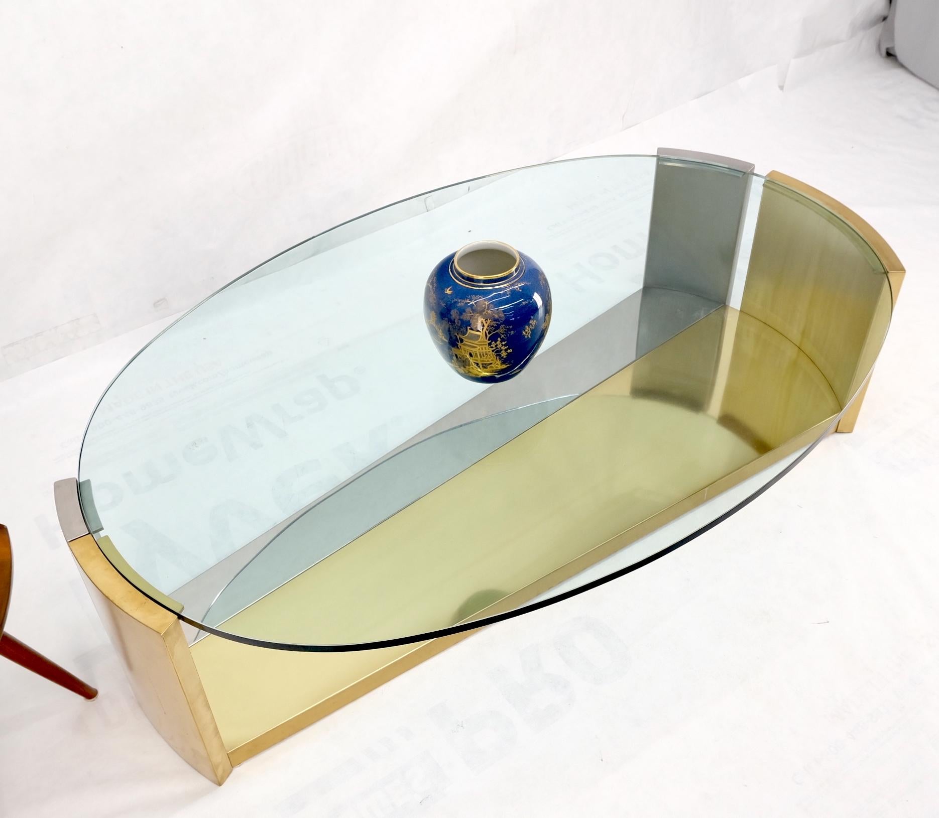 Large Oval Glass Top Brushed Stainless & Brass Base Coffee Table Nice For Sale 11