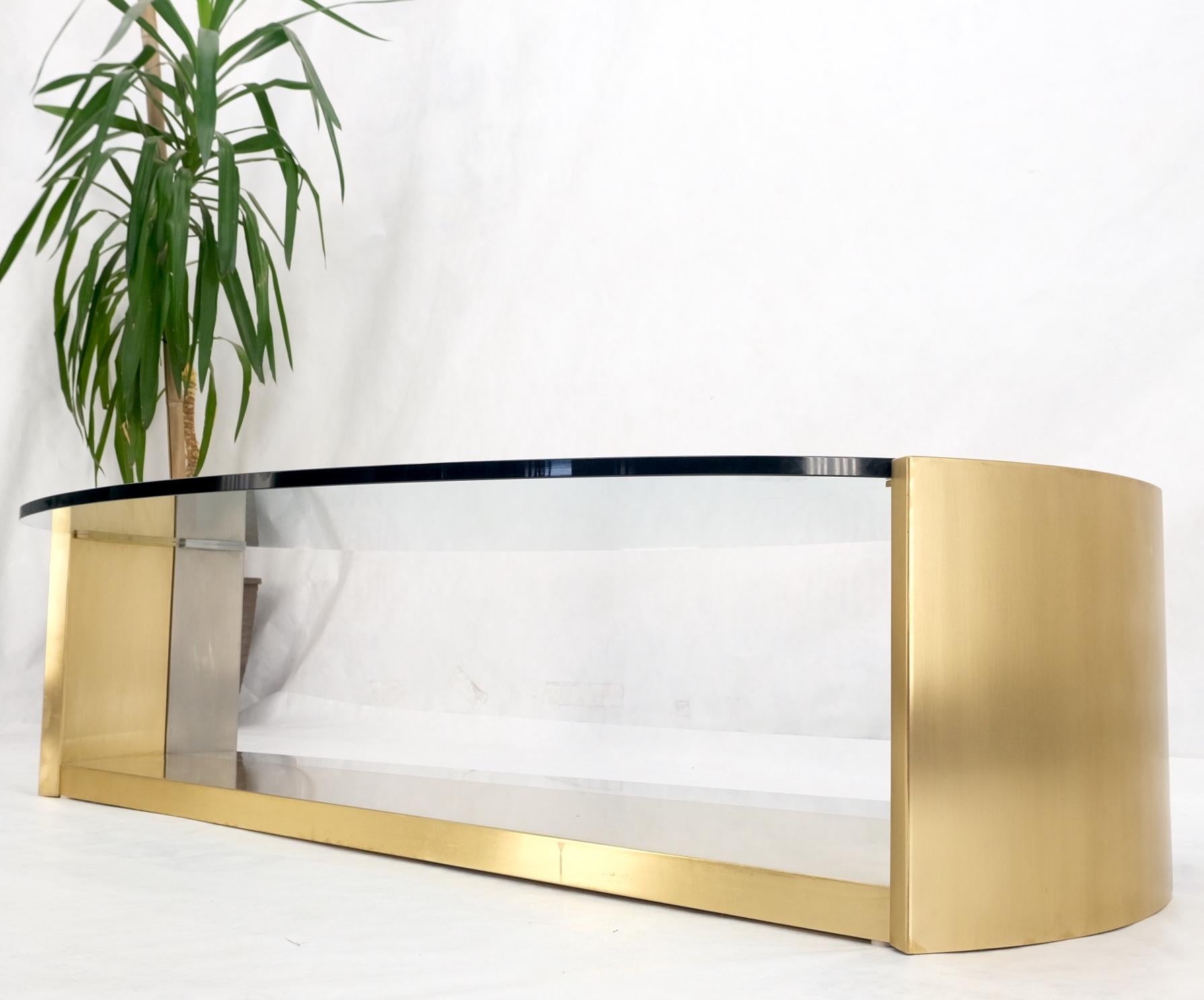 Large Oval Glass Top Brushed Stainless & Brass Base Coffee Table Nice For Sale 12