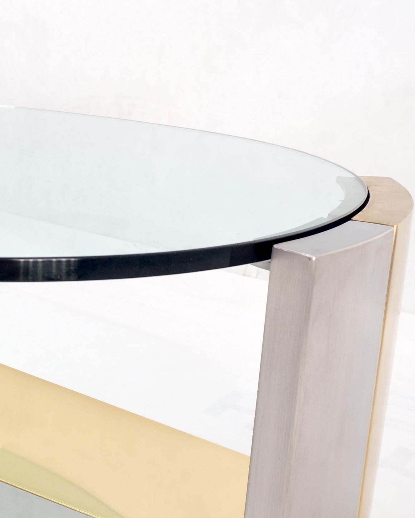 Large Oval Glass Top Brushed Stainless & Brass Base Coffee Table Nice In Good Condition For Sale In Rockaway, NJ