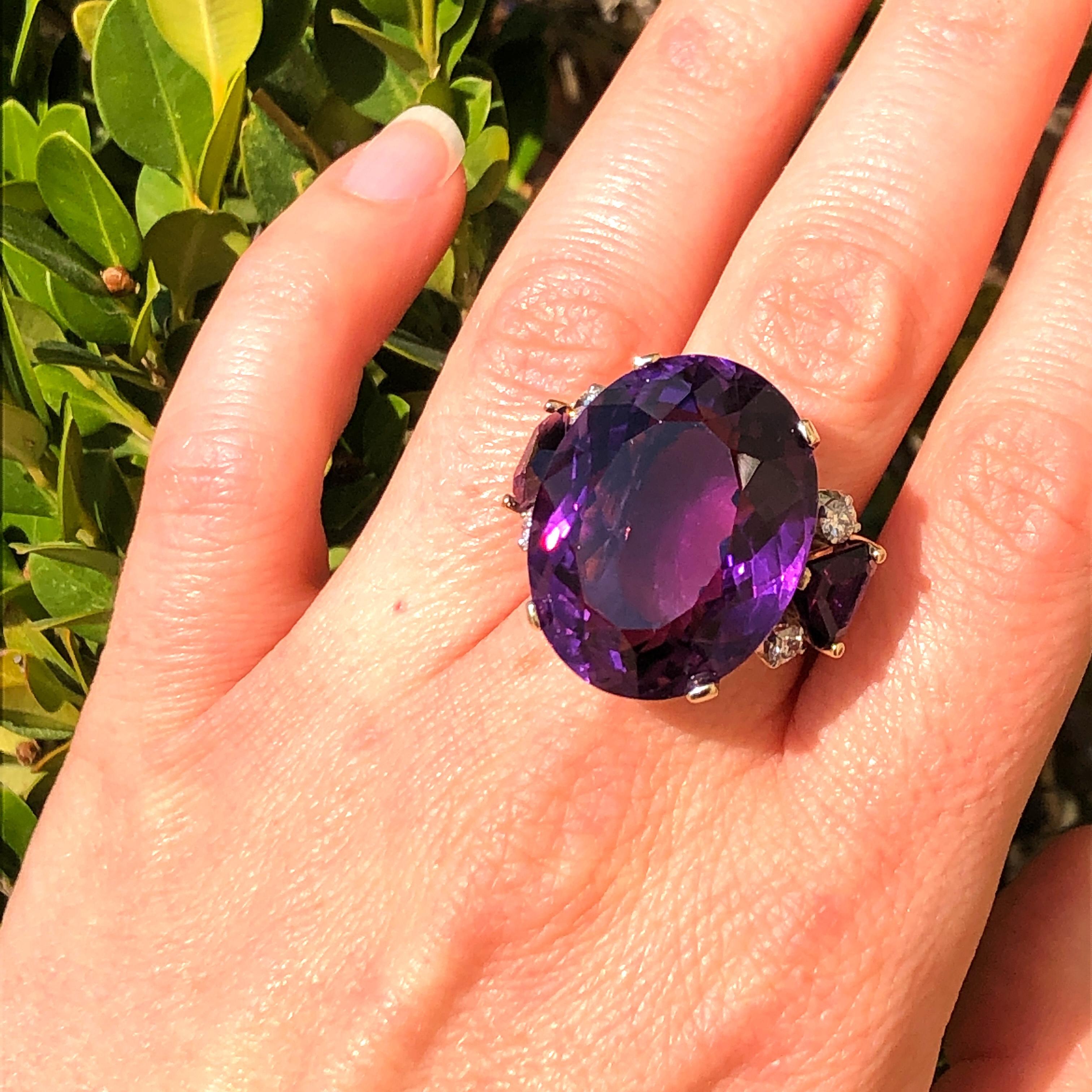 Women's Large Oval Amethyst and Diamond Yellow Gold Ring