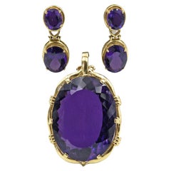 Vintage Large Oval Amethyst Yellow Gold Pendant with Matching Drop Earrings Set