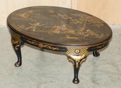 LARGE OVAL ANTIQUE CiRCA 1920 CHINESE CHINOISERIE EXPORT LACQUERED COFFEE TABLE