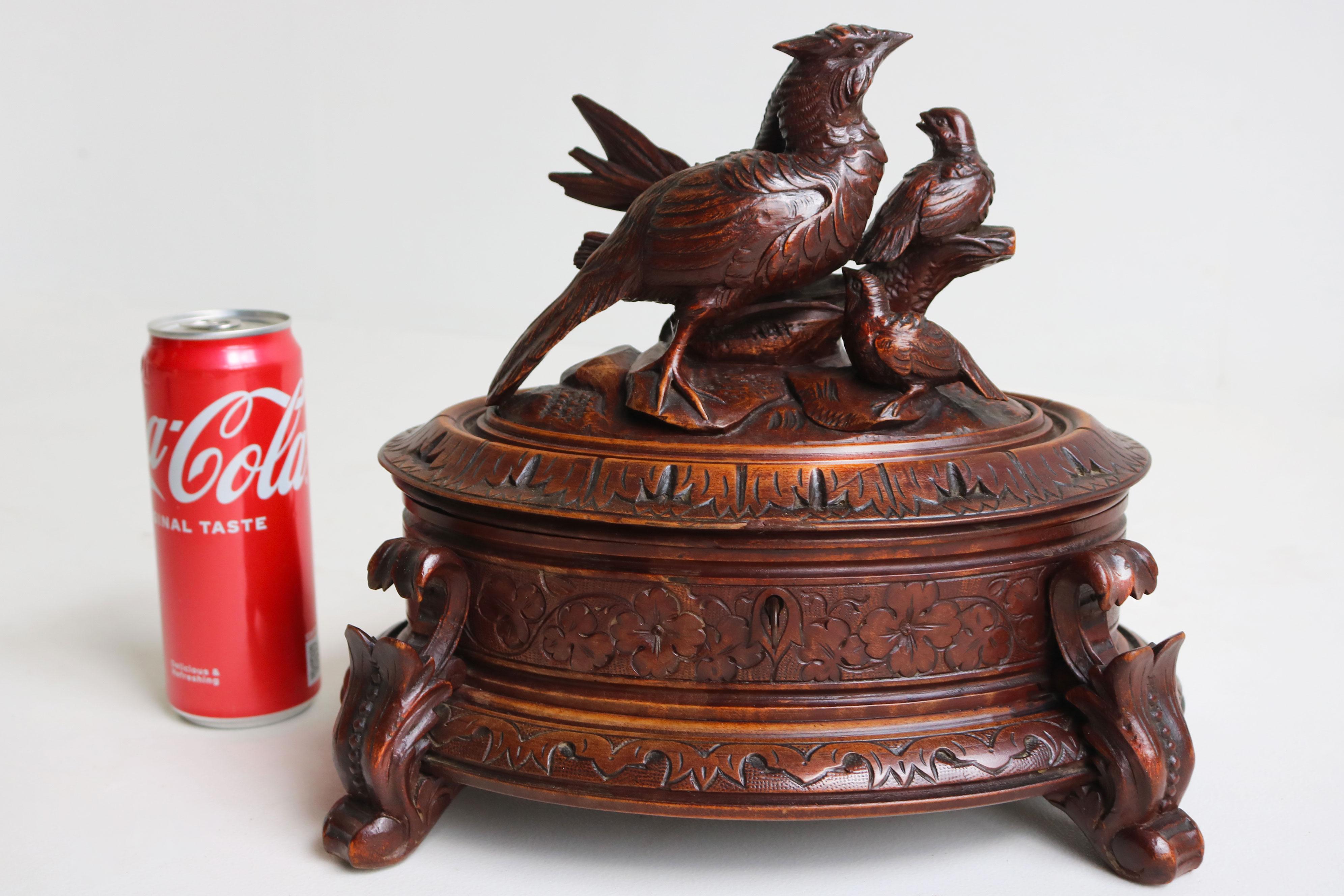 large oval Antique swiss 19th century Black Forest jewelry box walnut 3 birds For Sale 2