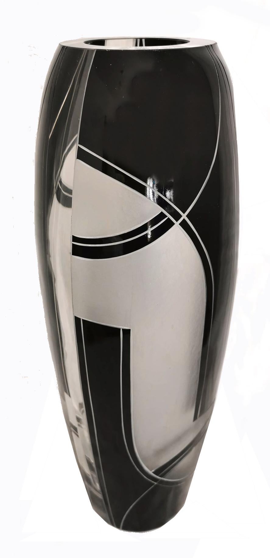 Czech Large Oval Art Deco Geometric Enamel Glass Vase