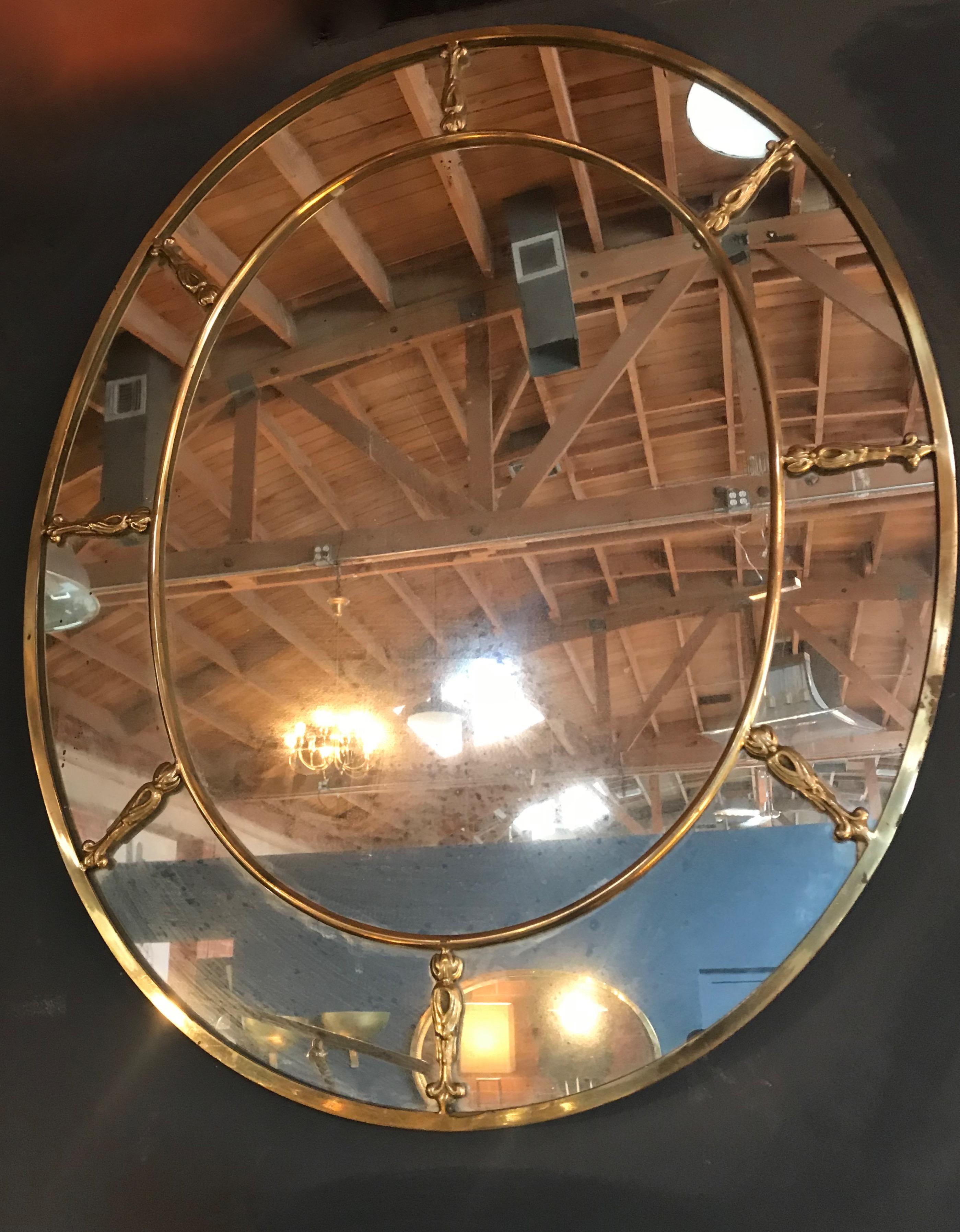 Large Oval Art Deco Mirror with Brass Decorations, Italy, 1930s 1