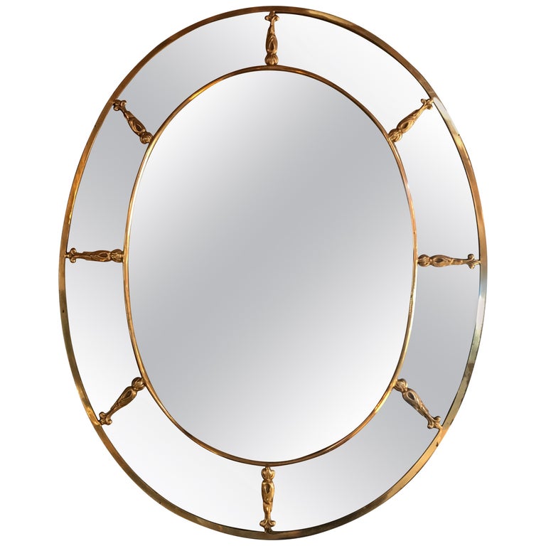 Large Oval Art Deco Mirror with Brass Decorations, Italy, 1930s at