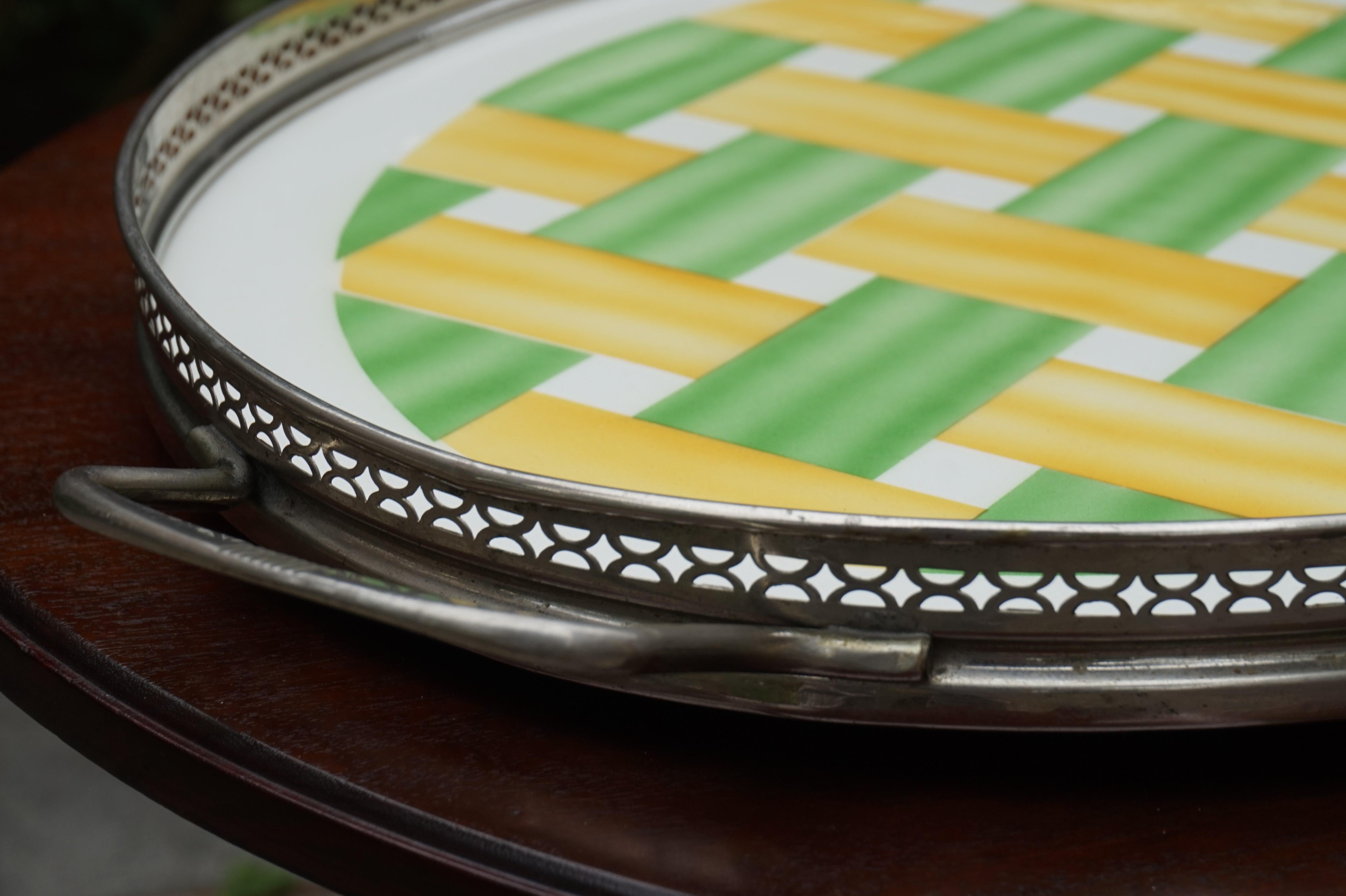 Large, Oval Art Deco Porcelain Tile Serving Tray, Woven Yellow and Green Pattern For Sale 4