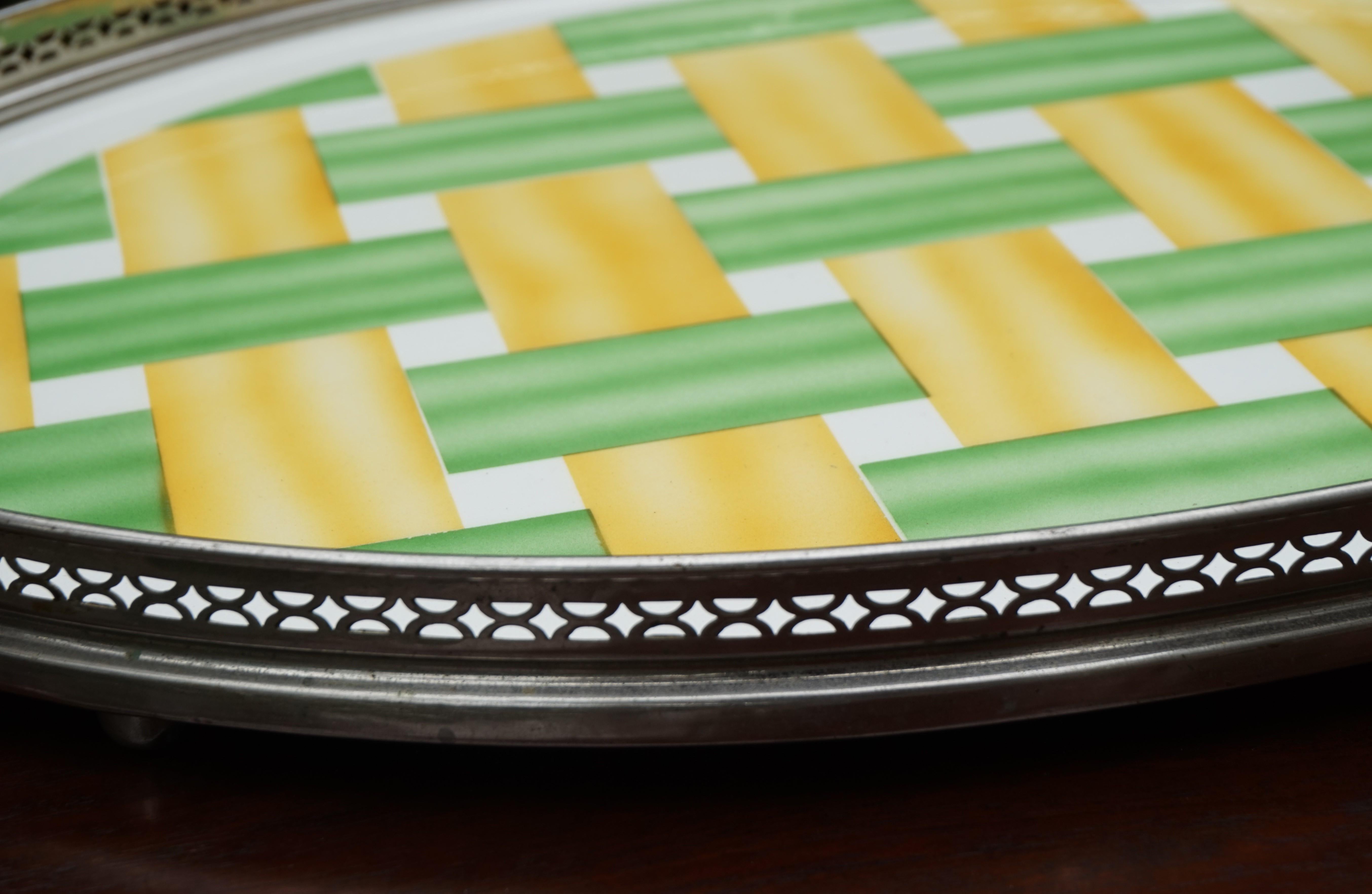 Large, Oval Art Deco Porcelain Tile Serving Tray, Woven Yellow and Green Pattern 4