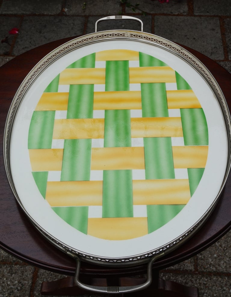 Large, Oval Art Deco Porcelain Tile Serving Tray, Woven Yellow and Green Pattern For Sale 8
