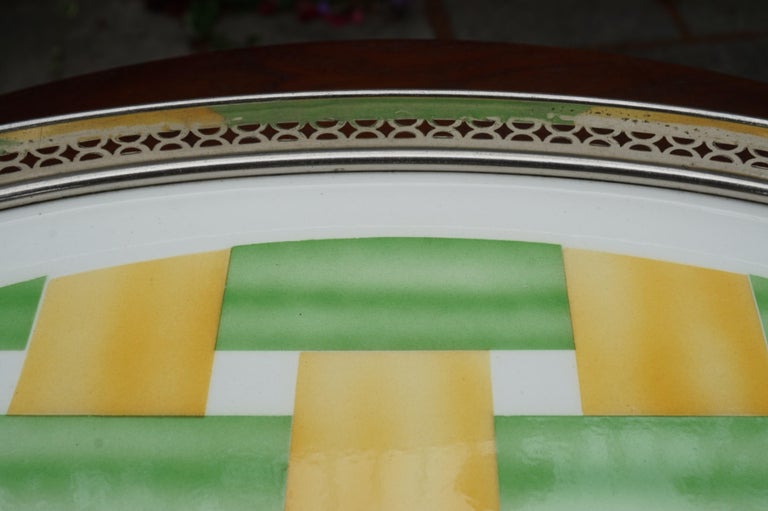 Hand-Crafted Large, Oval Art Deco Porcelain Tile Serving Tray, Woven Yellow and Green Pattern For Sale
