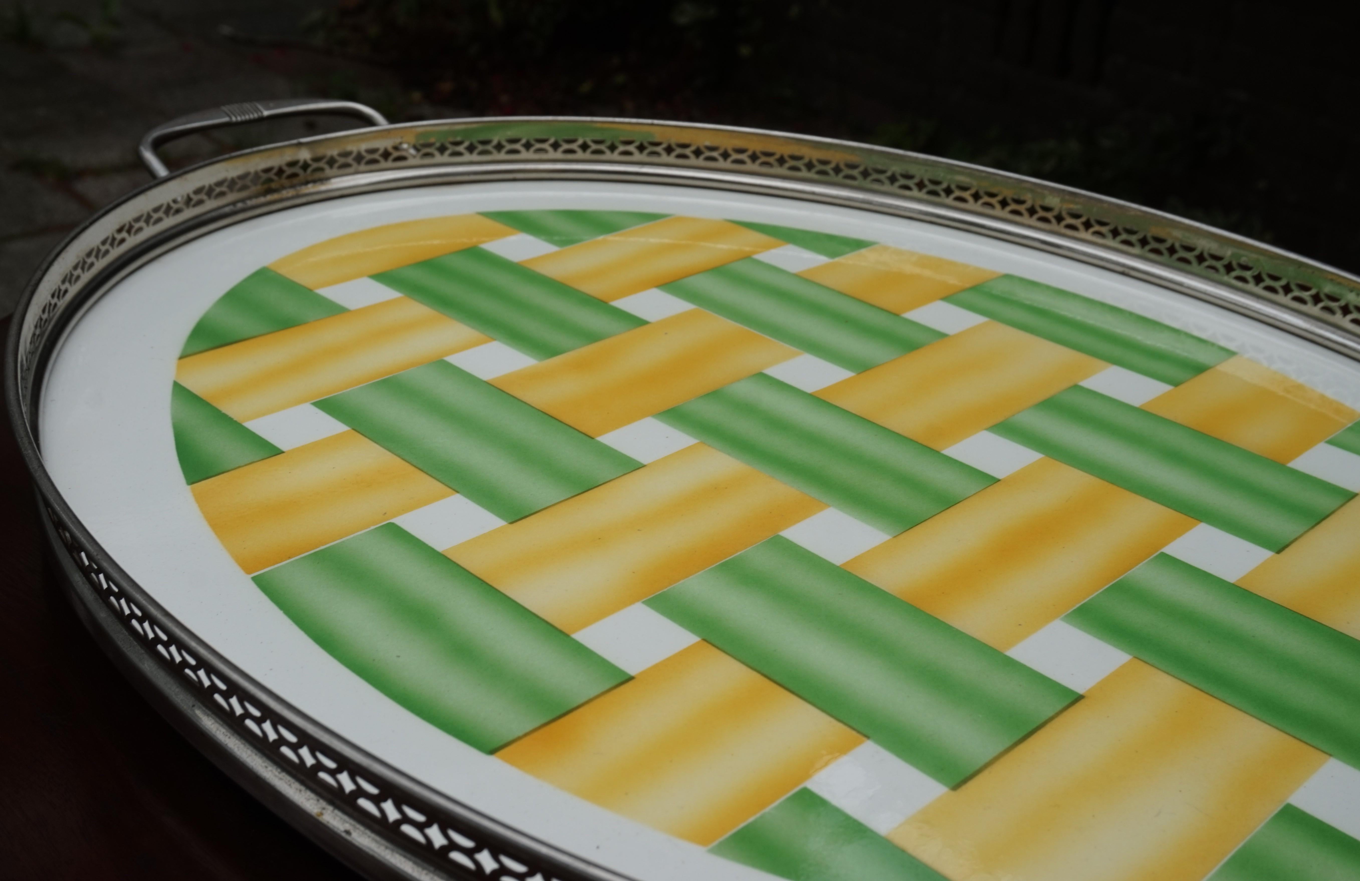 European Large, Oval Art Deco Porcelain Tile Serving Tray, Woven Yellow and Green Pattern For Sale