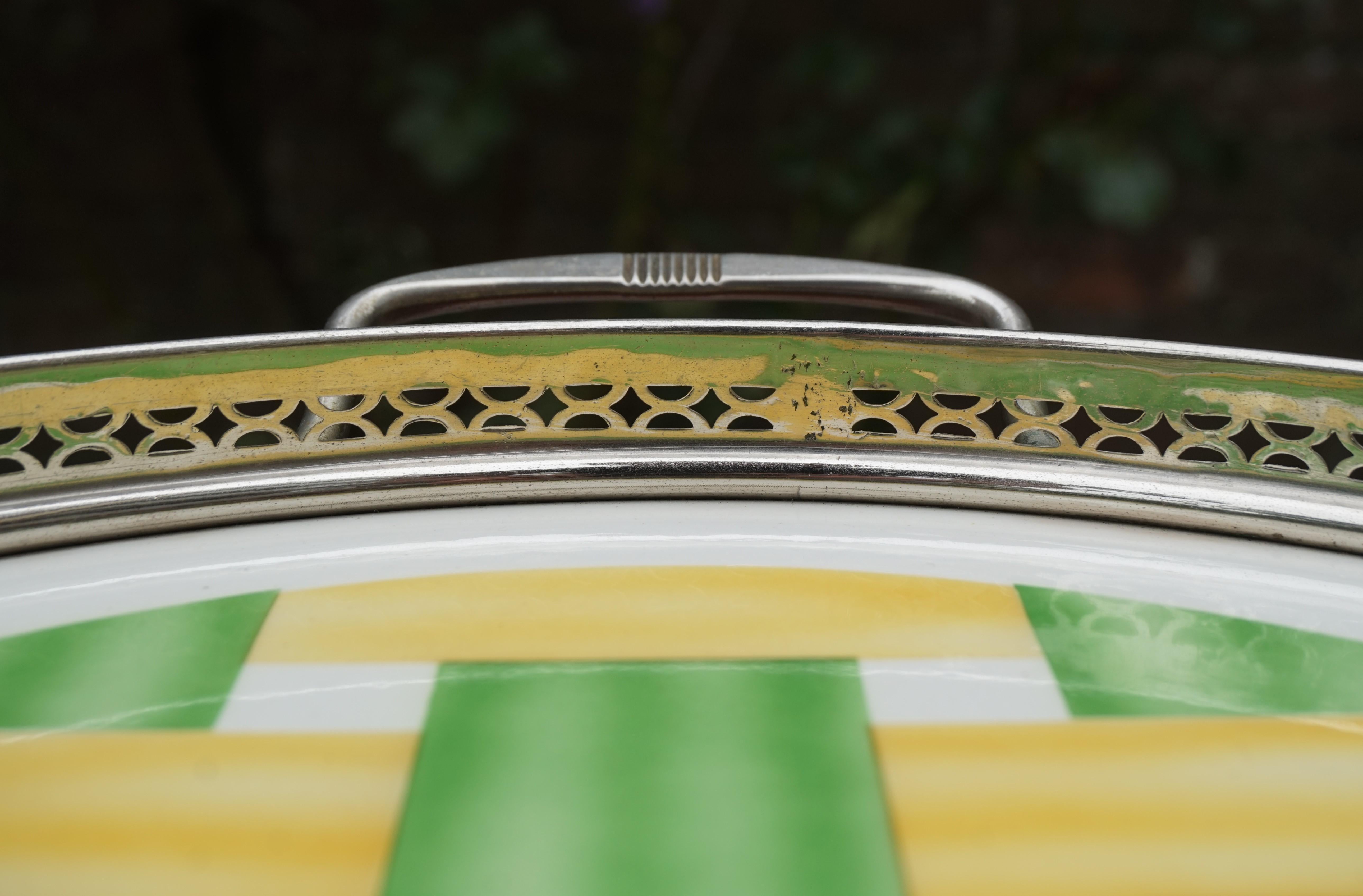 Hand-Crafted Large, Oval Art Deco Porcelain Tile Serving Tray, Woven Yellow and Green Pattern