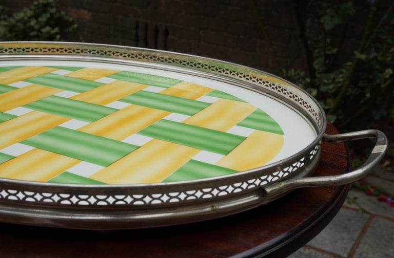 Large, Oval Art Deco Porcelain Tile Serving Tray, Woven Yellow and Green Pattern For Sale 1
