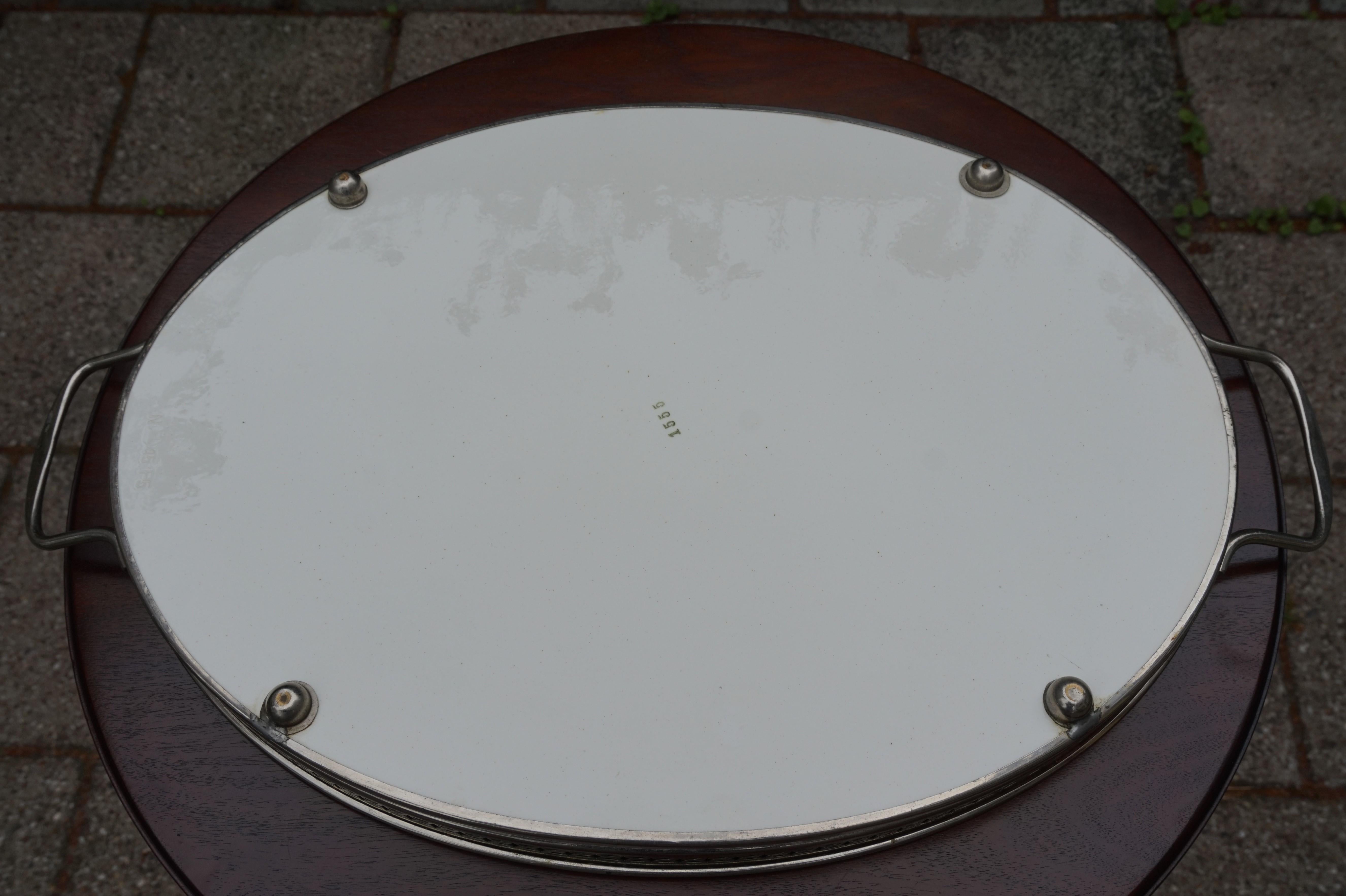 Brass Large, Oval Art Deco Porcelain Tile Serving Tray, Woven Yellow and Green Pattern