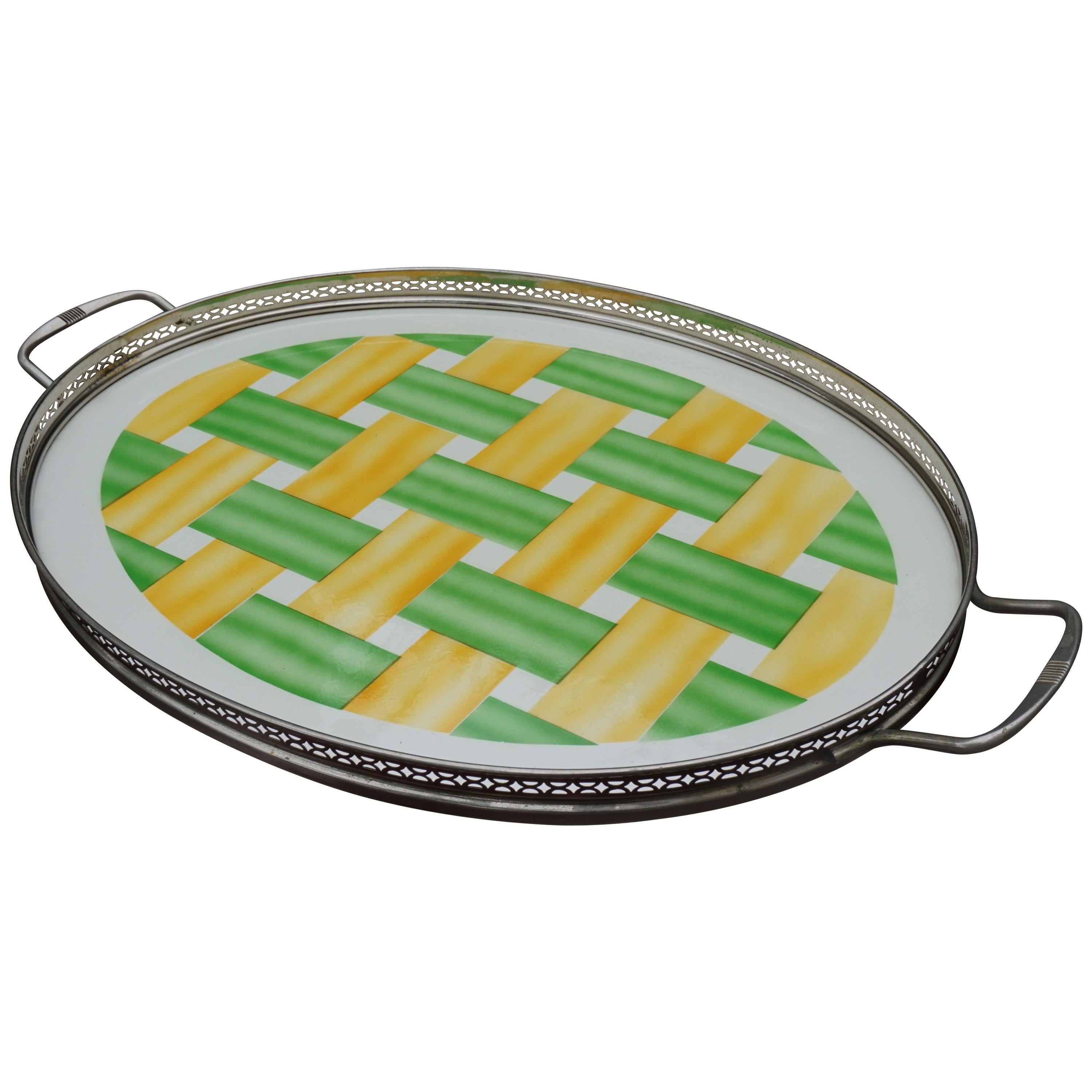 Large, Oval Art Deco Porcelain Tile Serving Tray, Woven Yellow and Green Pattern