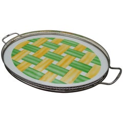 Antique Large, Oval Art Deco Porcelain Tile Serving Tray, Woven Yellow and Green Pattern