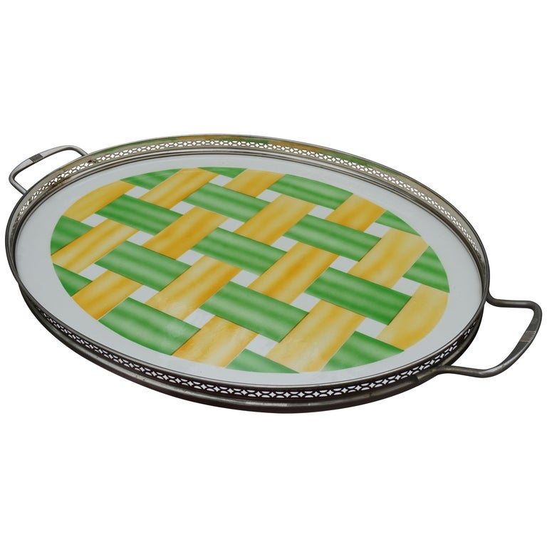 Large, Oval Art Deco Porcelain Tile Serving Tray, Woven Yellow and Green Pattern For Sale