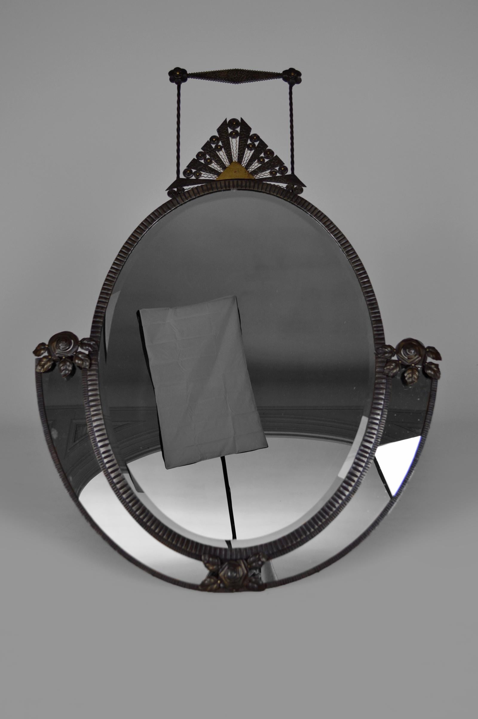 French Large Oval Art Deco Wrought Iron Mirror, France, circa 1925 For Sale