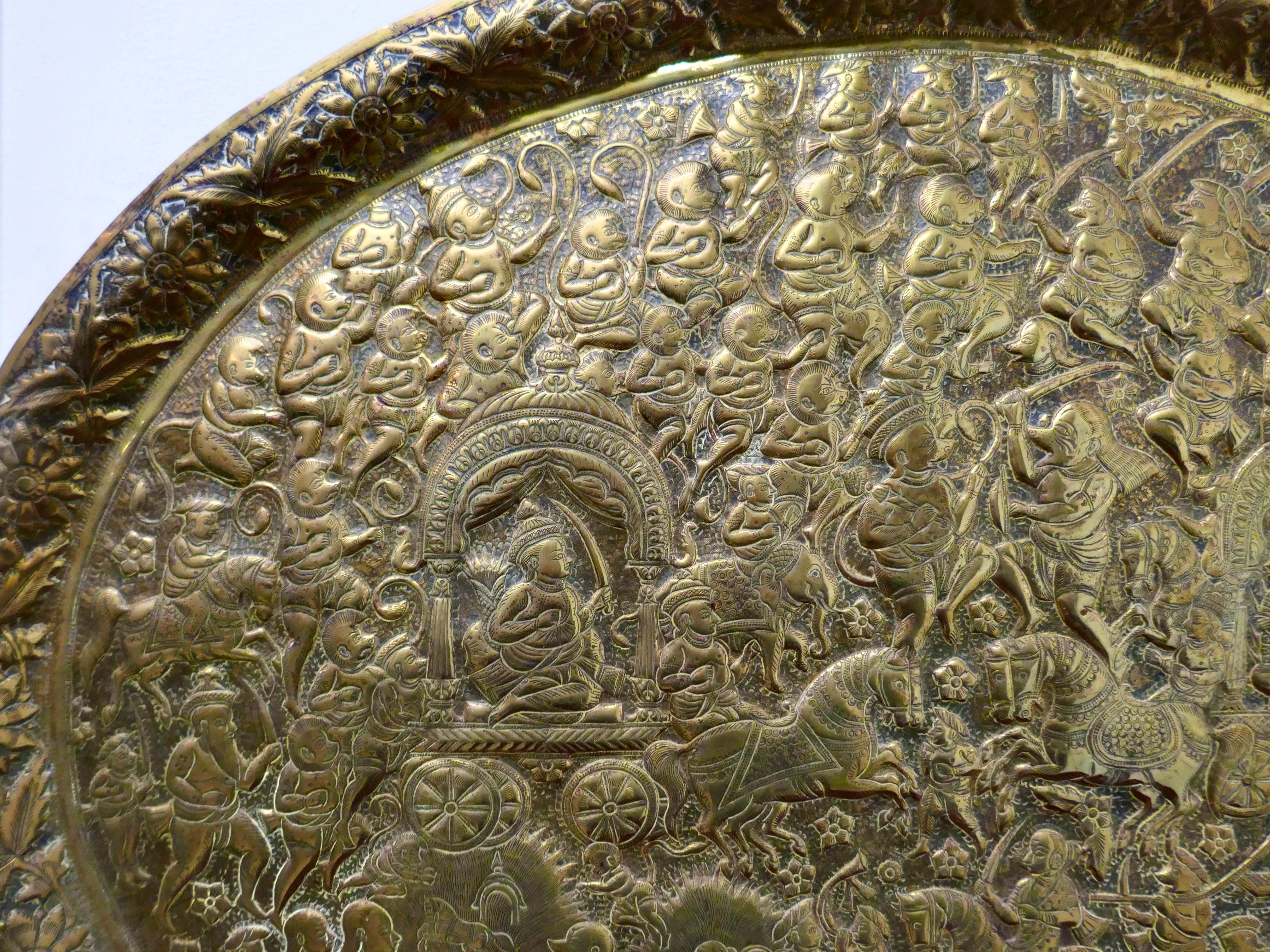 19th Century Large Oval Asian Brass Wall Hanging Marriage Charger For Sale