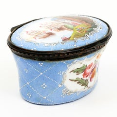 Large Oval Battersay Snuff Box with Lid Painted with Two Ships