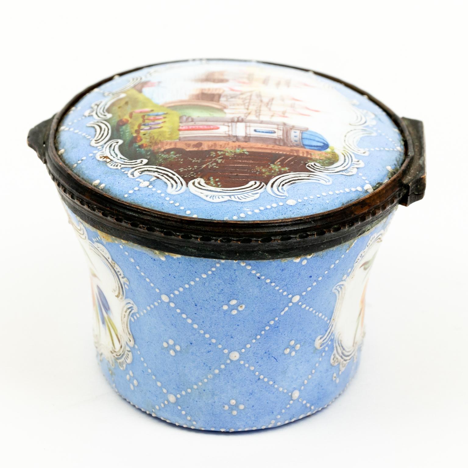 Enameled Large Oval Battersay Snuff Box with Lid Painted with Two Ships For Sale