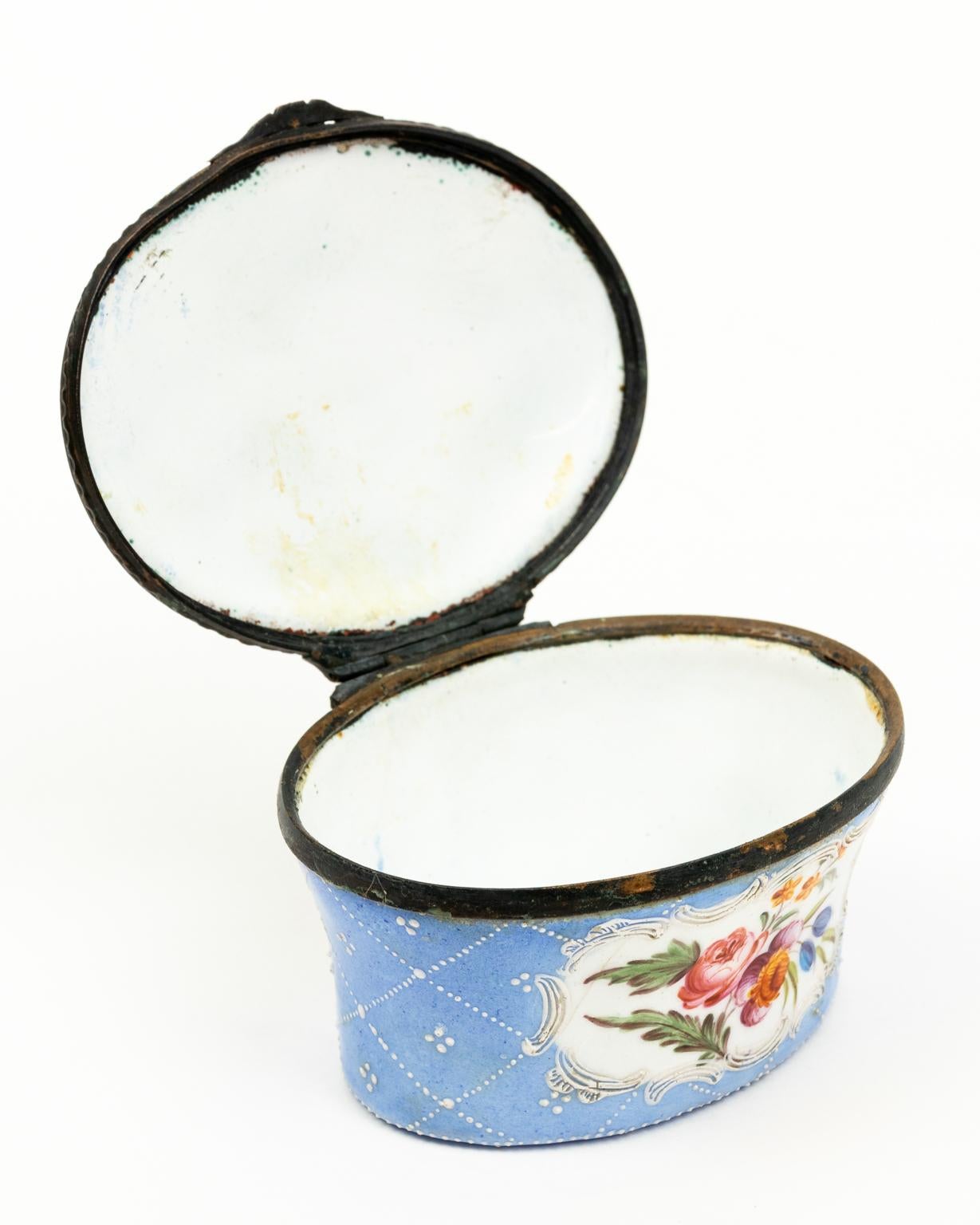 18th Century and Earlier Large Oval Battersay Snuff Box with Lid Painted with Two Ships For Sale