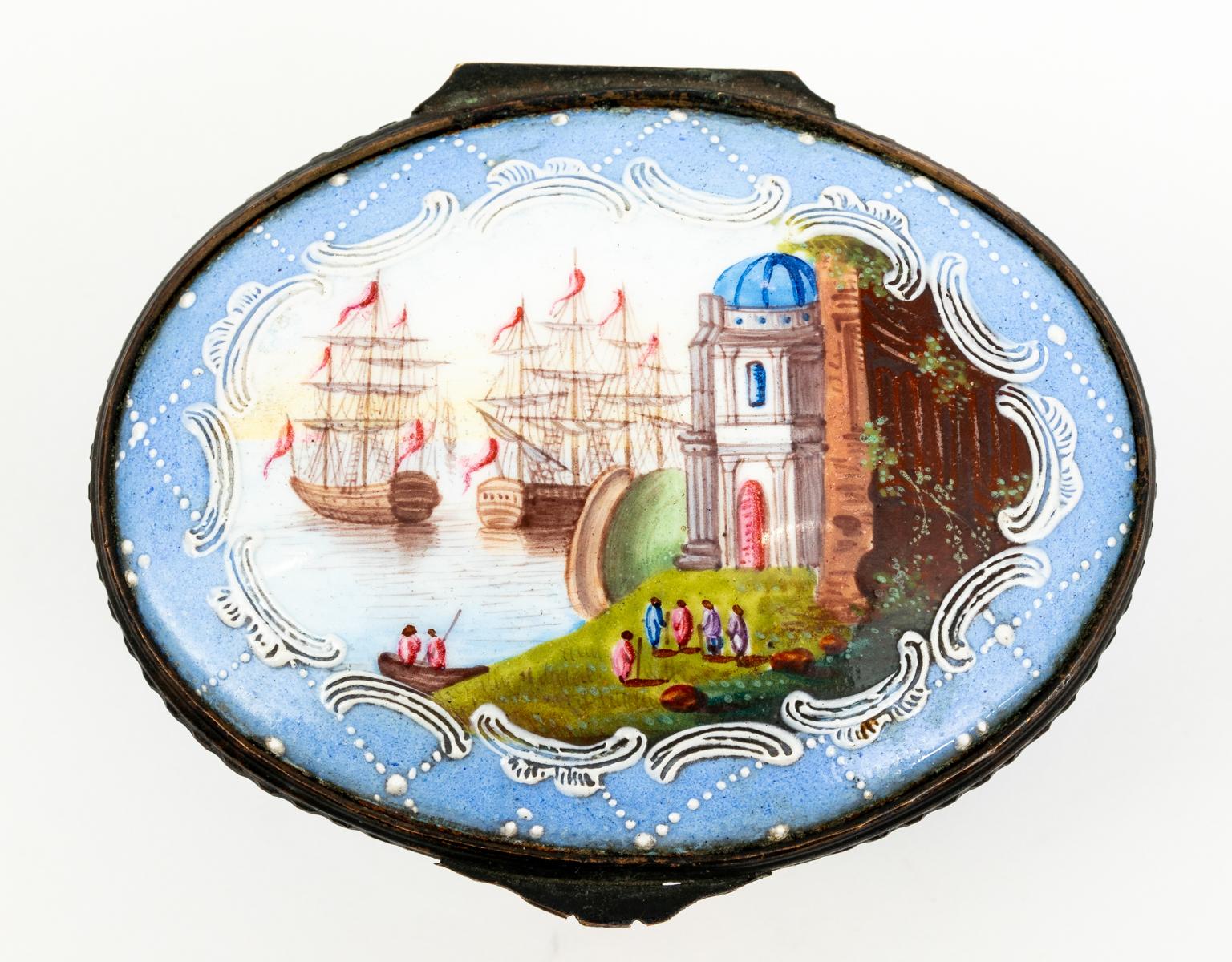 Copper Large Oval Battersay Snuff Box with Lid Painted with Two Ships For Sale