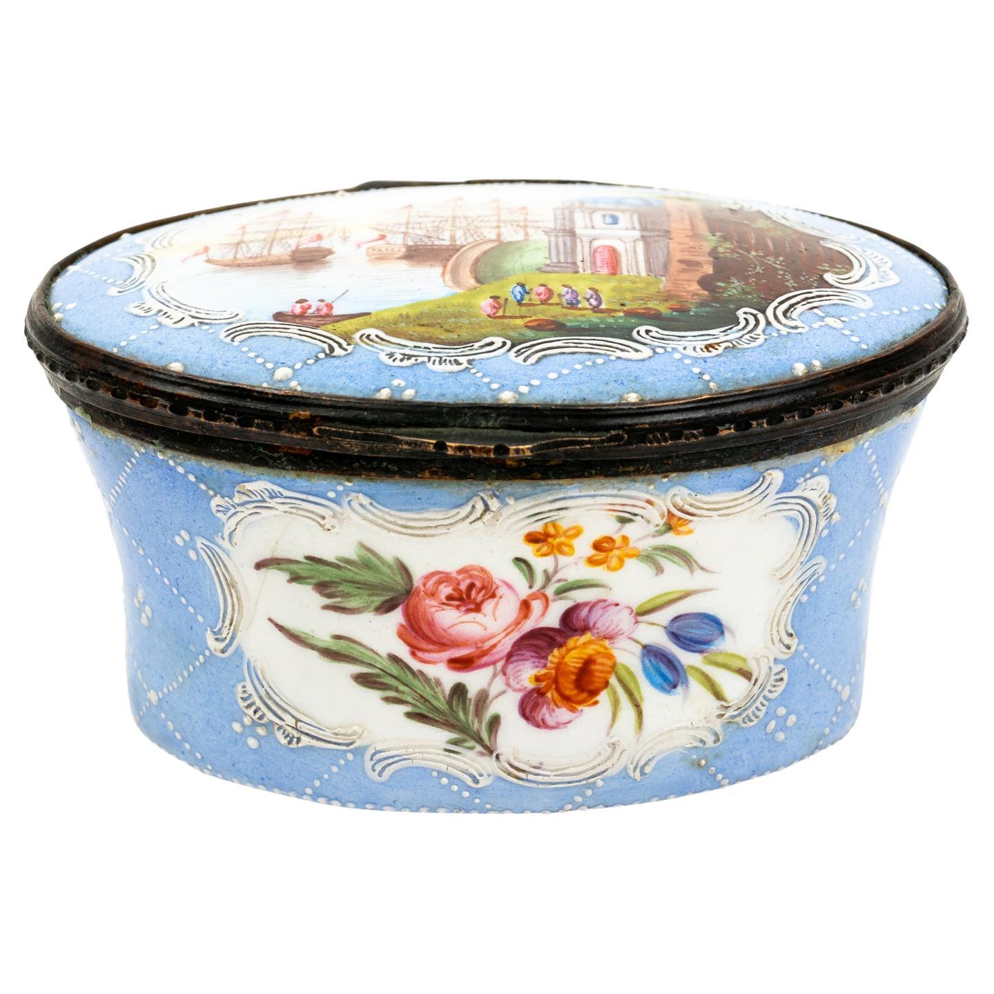 Large Oval Battersay Snuff Box with Lid Painted with Two Ships For Sale