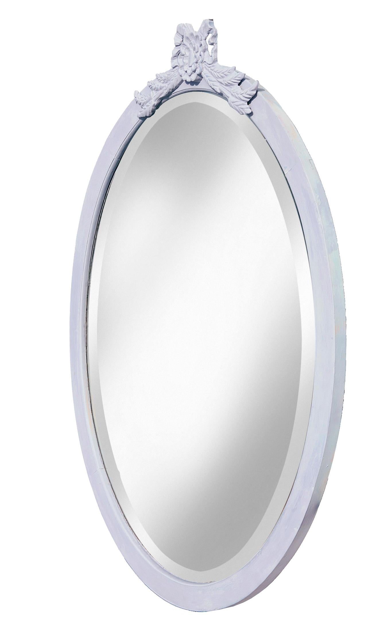 Arts and Crafts Large Oval Beveled Mirror, Hand Carved & Hand-Cut in Lilac For Sale