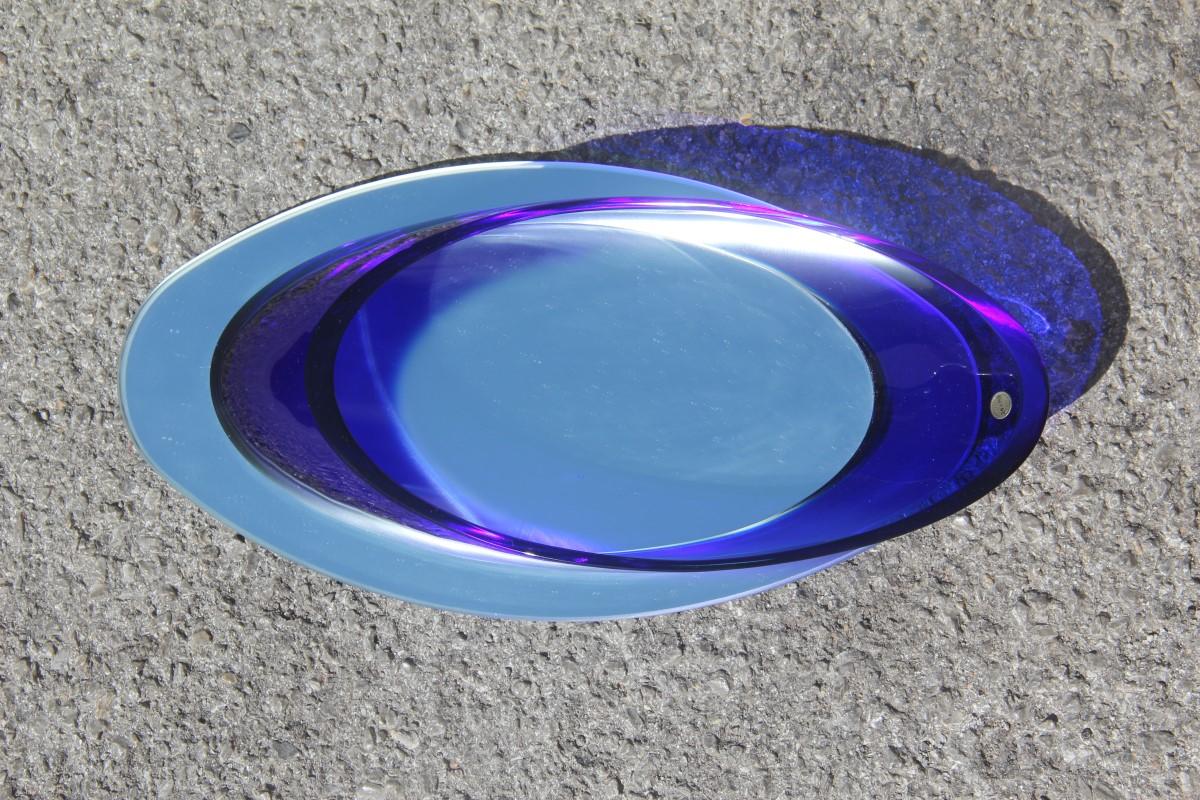 Large oval bowl blu cobalt crystal Italian Design 1980 mirror satin base.