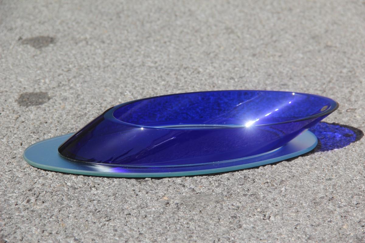 Large Oval Bowl Blu Cobalt Crystal Italian Design 1980 Mirror Satin Base For Sale 1