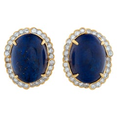 Large Oval Cabochon Lapis Lazuli & Diamonds Earrings Set in 18K Yellow Gold