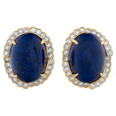 Large oval cabochon lapis lazuli  & diamonds earrings set in 18K yellow gold.