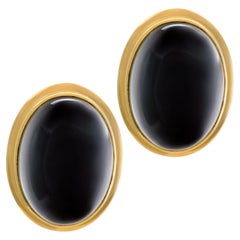 Vintage Large Oval Cabochon Onyx Earrings in 14k Yellow Gold "Clip on and Piers on"