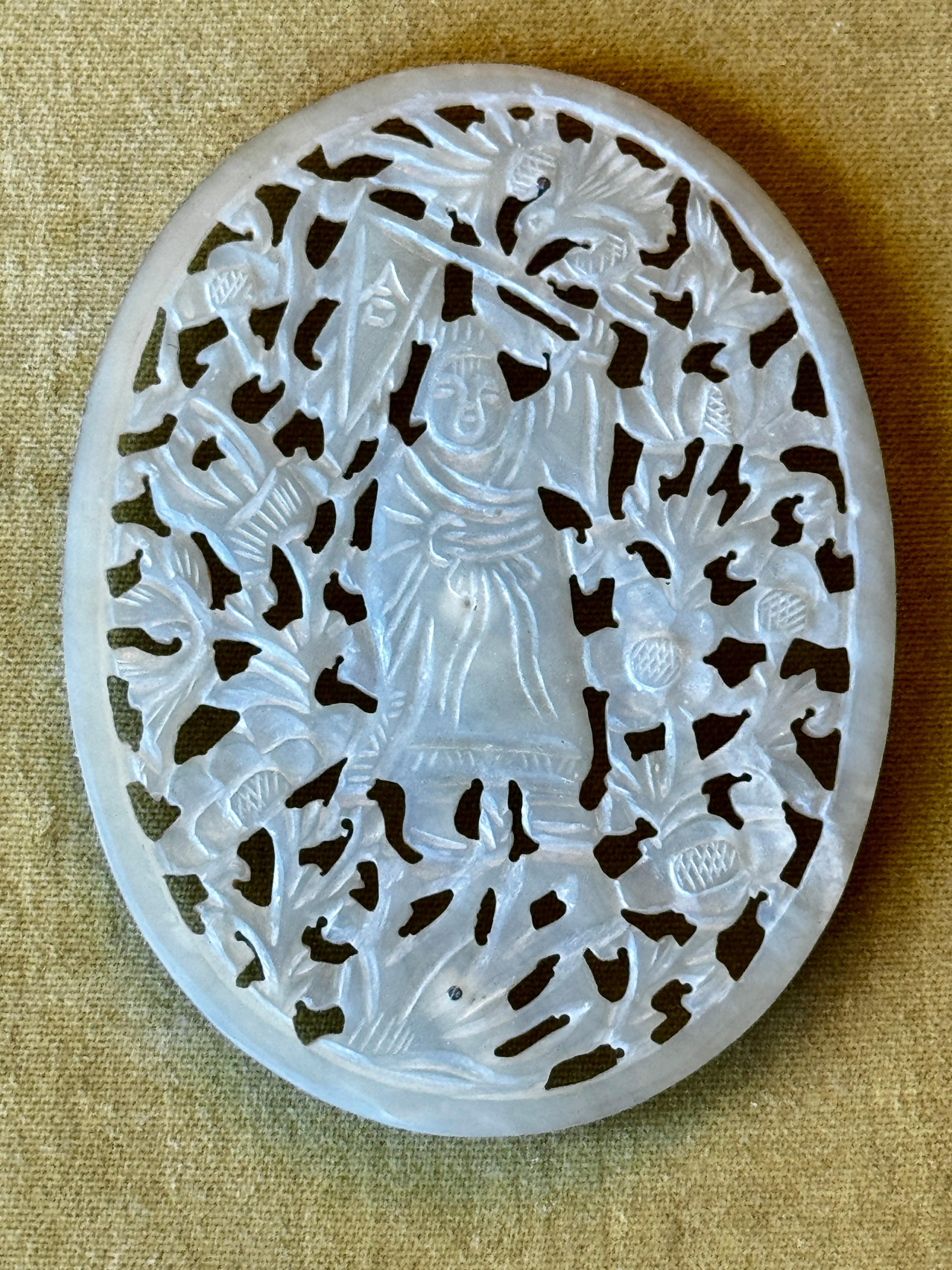 Large Oval Carved Jade Plaque Framed with Asian Figural decoration

Framed 13.5
