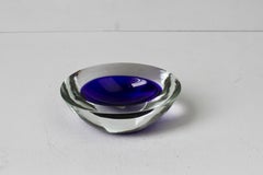 Large Oval Cenedese Italian Blue Clear Sommerso Murano Glass Bowl Dish 1970s