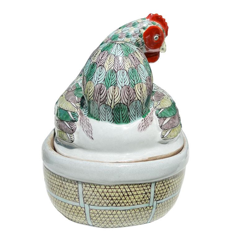 Chinoiserie Large Oval Ceramic Polychrome Hen Tureen in Green Pink Red and Yellow with Lid For Sale