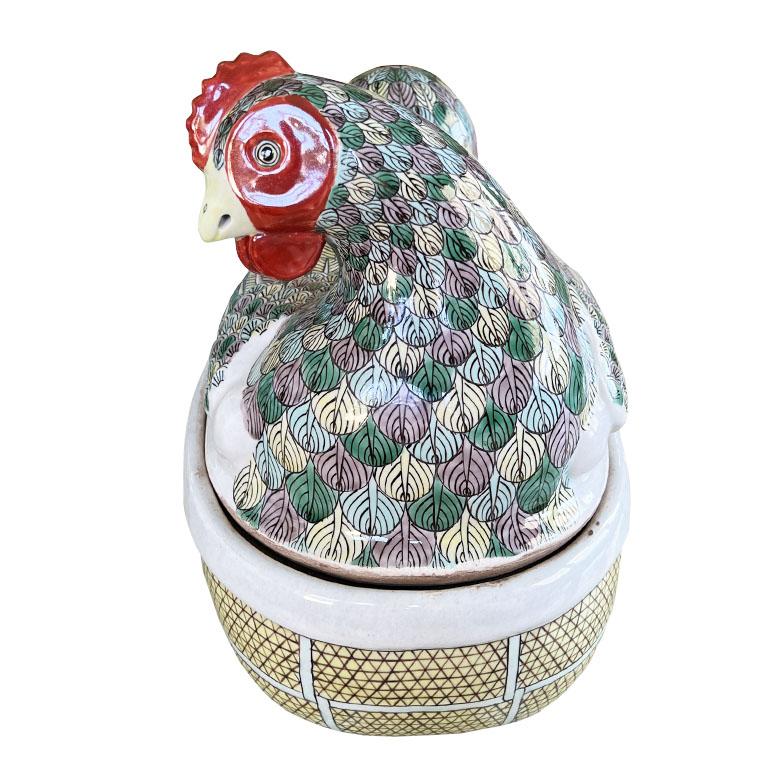 Chinoiserie Large Oval Ceramic Polychrome Hen Tureen in Green Pink Red and Yellow with Lid