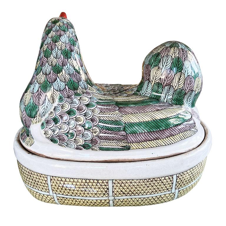 20th Century Large Oval Ceramic Polychrome Hen Tureen in Green Pink Red and Yellow with Lid For Sale