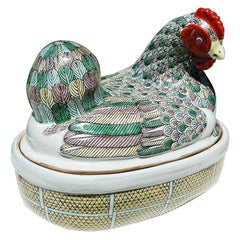 Large Oval Ceramic Polychrome Hen Tureen in Green Pink Red and Yellow with Lid