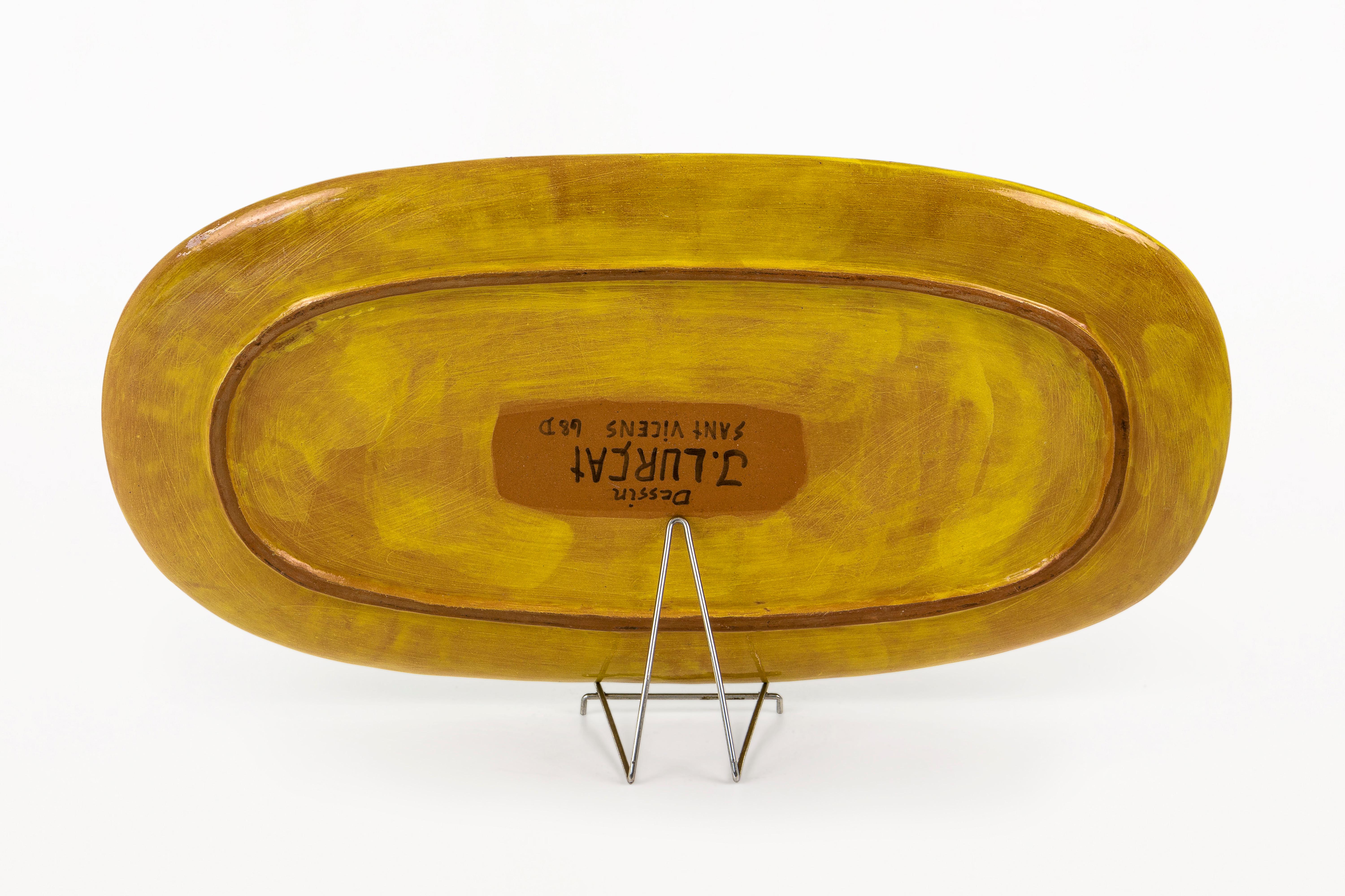 Gran placa solar ovalada de cerámica de Jean Lurçat, circa 1950, Francia. Francés