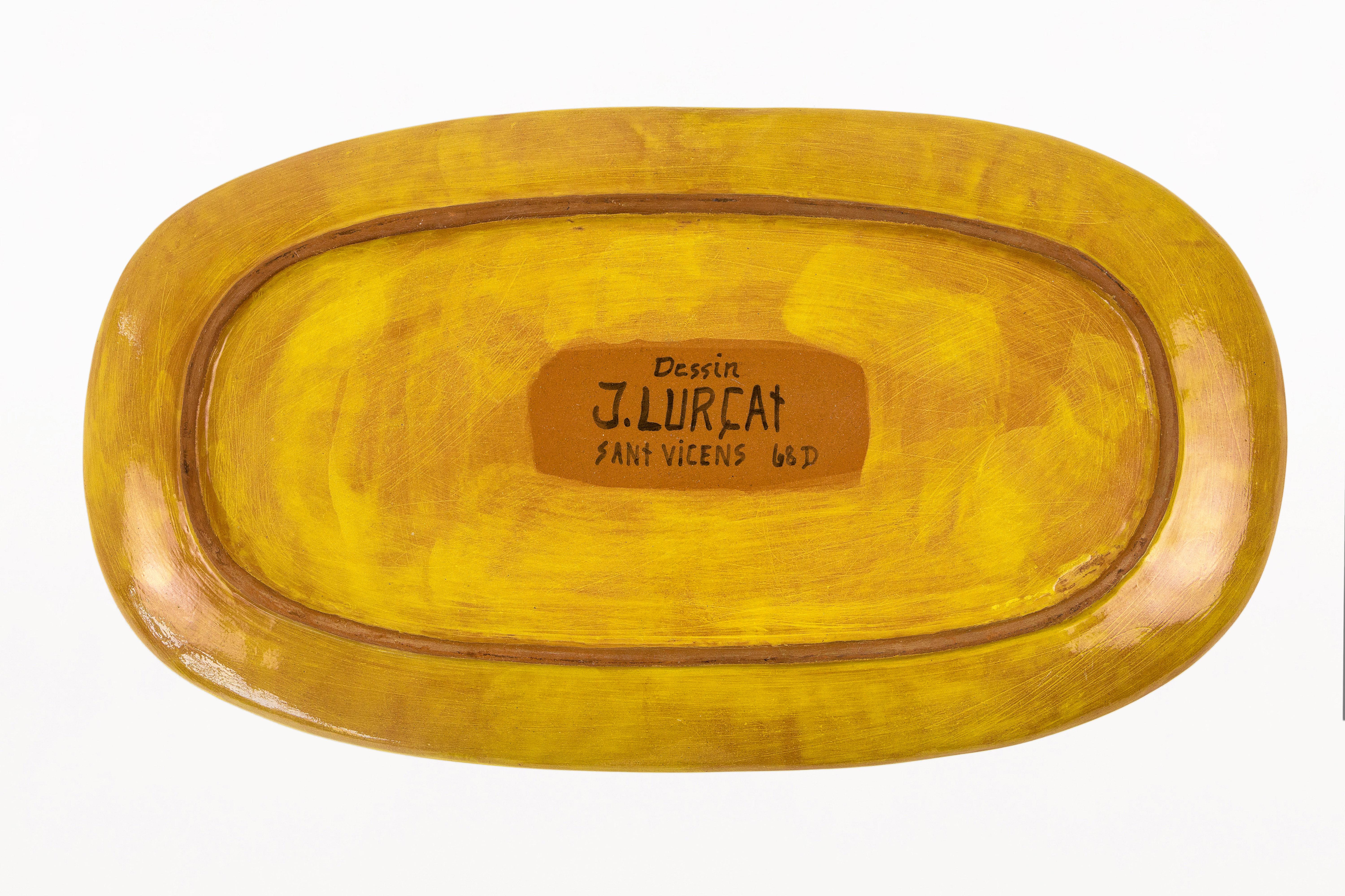 Gran placa solar ovalada de cerámica de Jean Lurçat, circa 1950, Francia. Glaseado