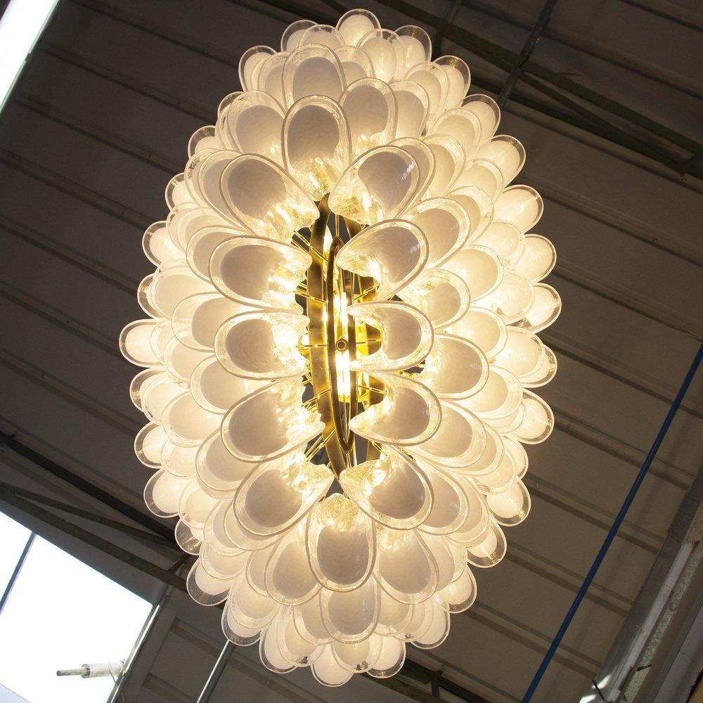 Italian Large Oval Chandelier in White and Clear Murano Glass, Italy