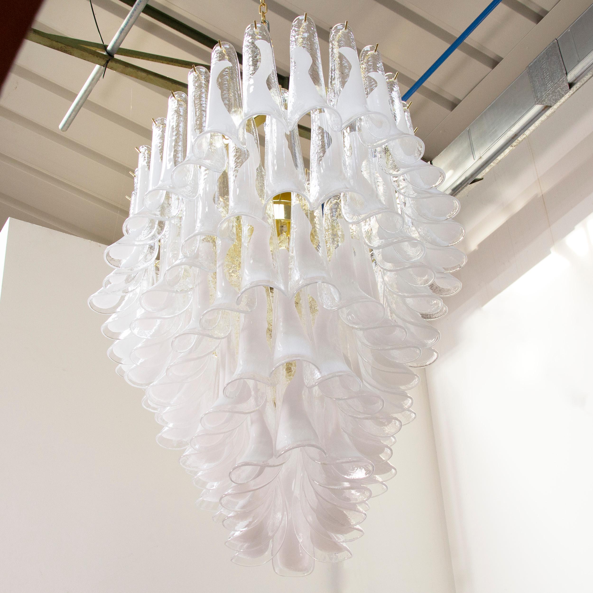 Metal Large Oval Chandelier in White and Clear Murano Glass, Italy