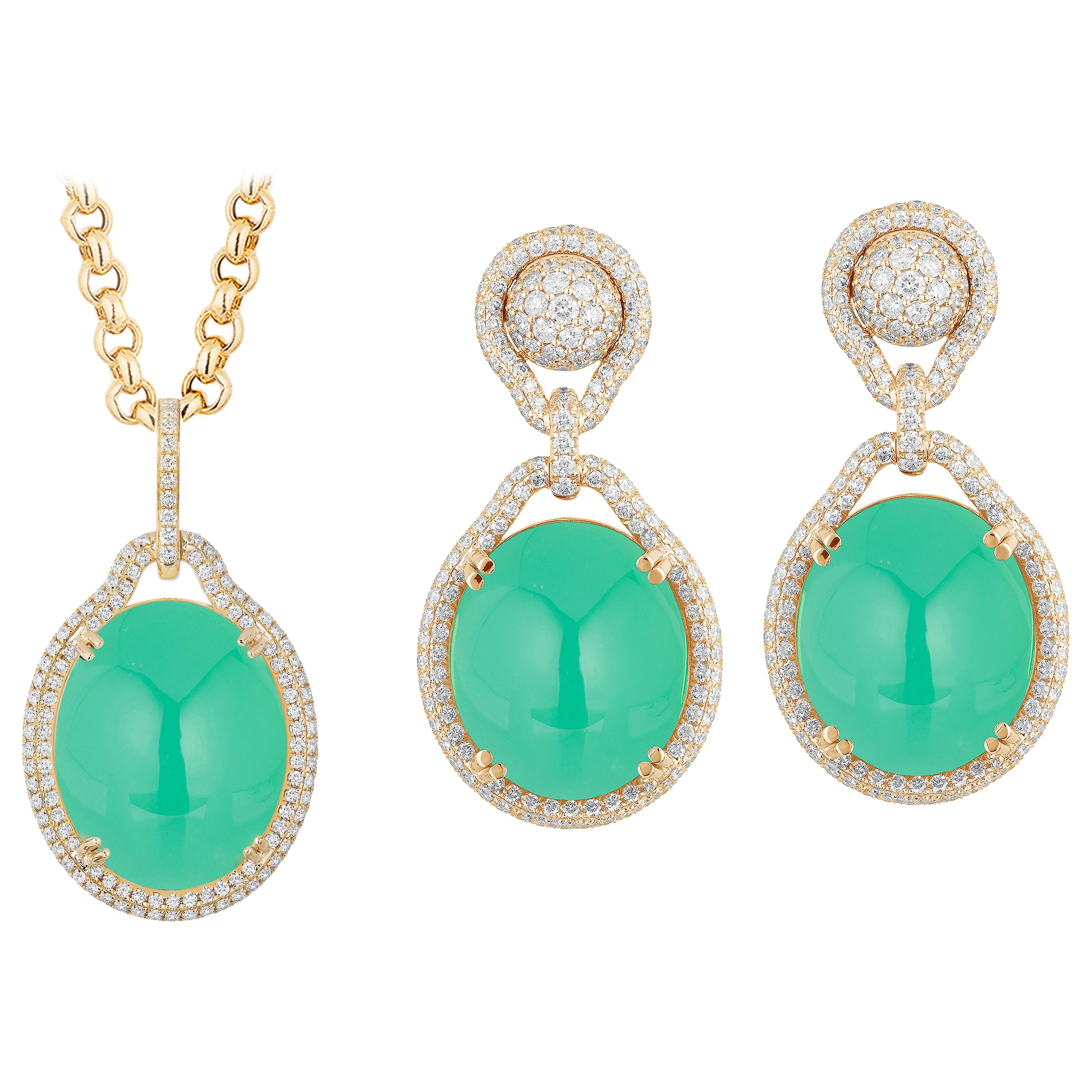 Goshwara Oval Chrysoprase With Diamond Pendant & Earring For Sale