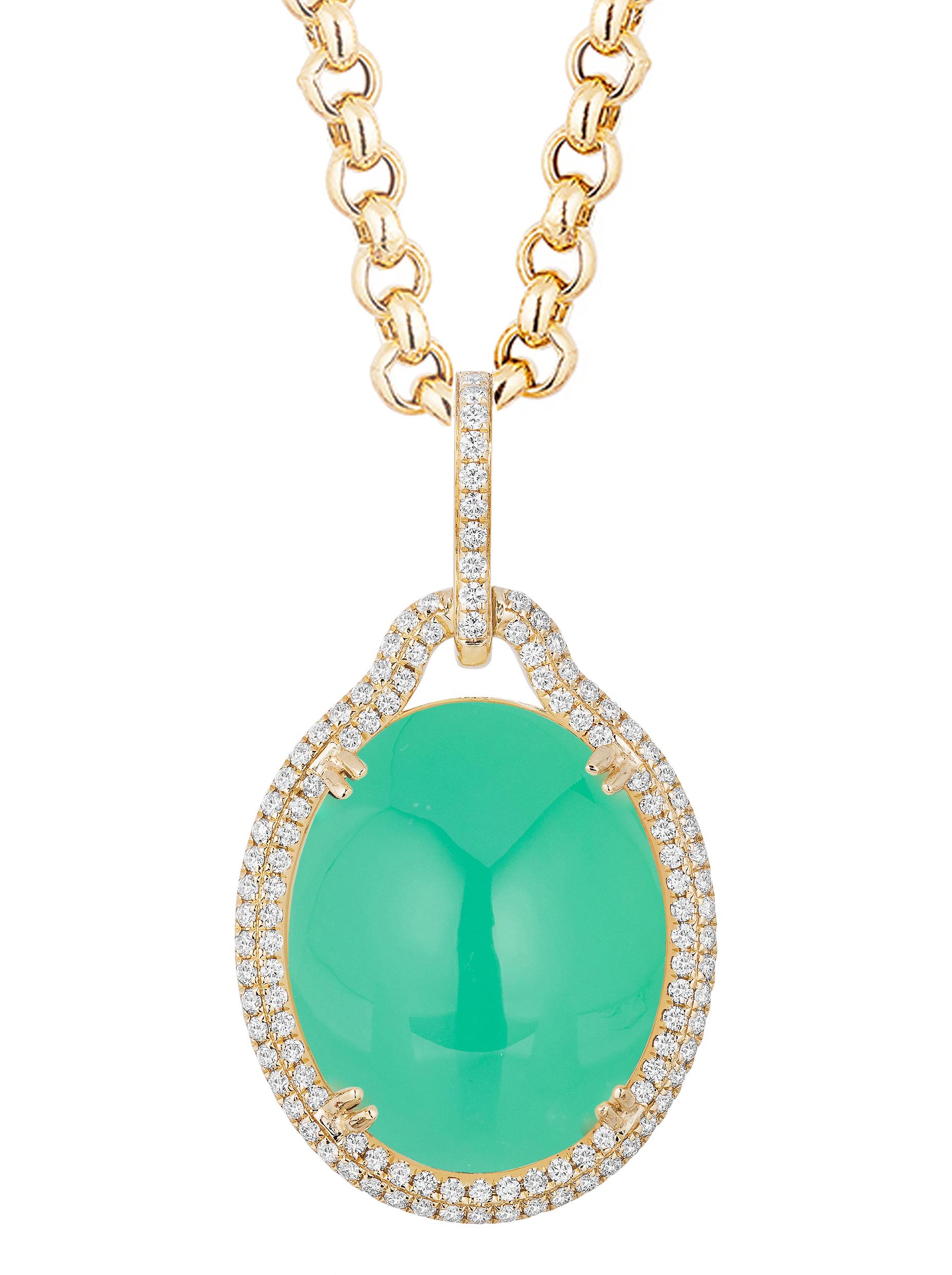 Goshwara Oval Chrysoprase With Diamond Pendant & Earring For Sale 3