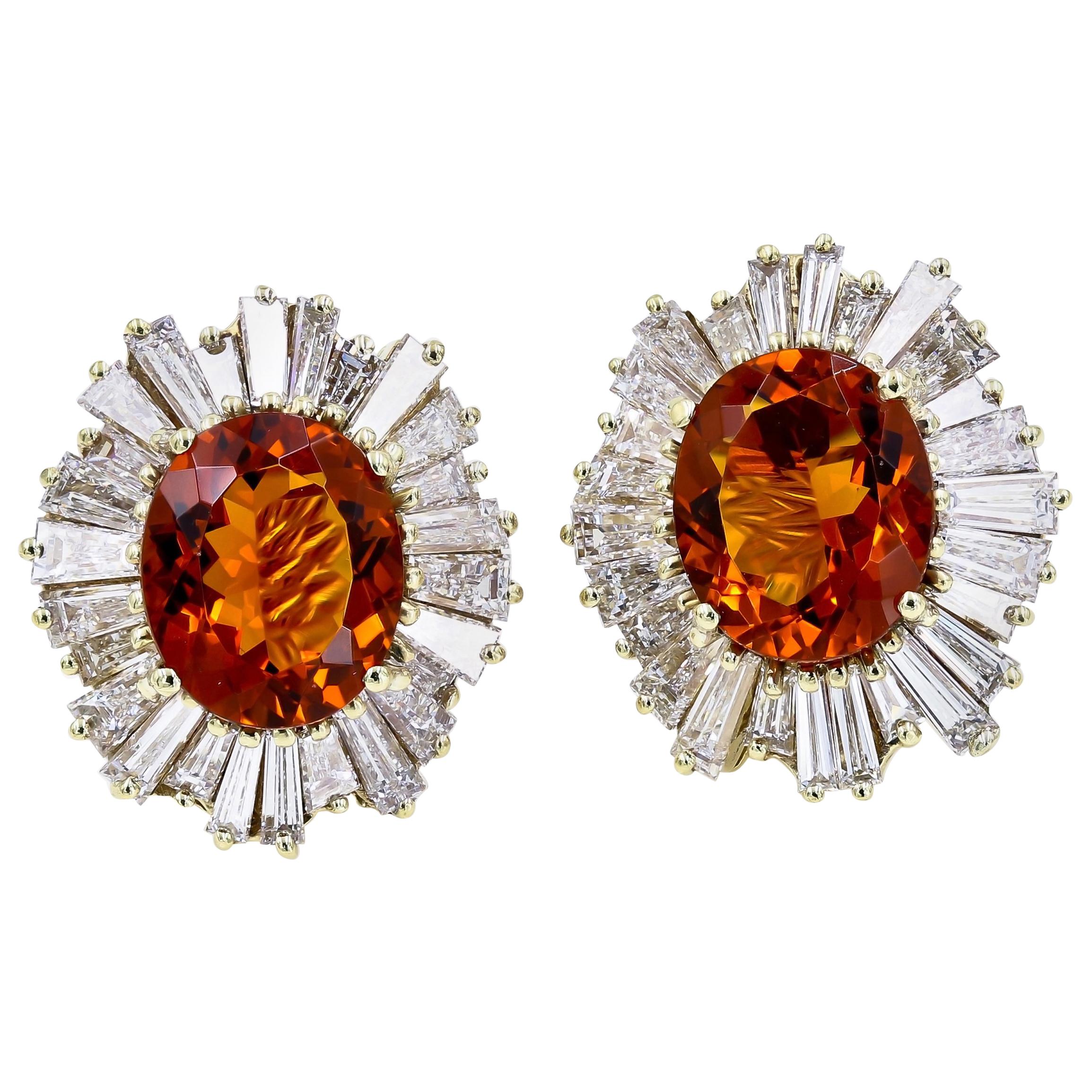 Large Oval Citrine and Baguette Diamond Earrings in 18 Karat Yellow Gold For Sale