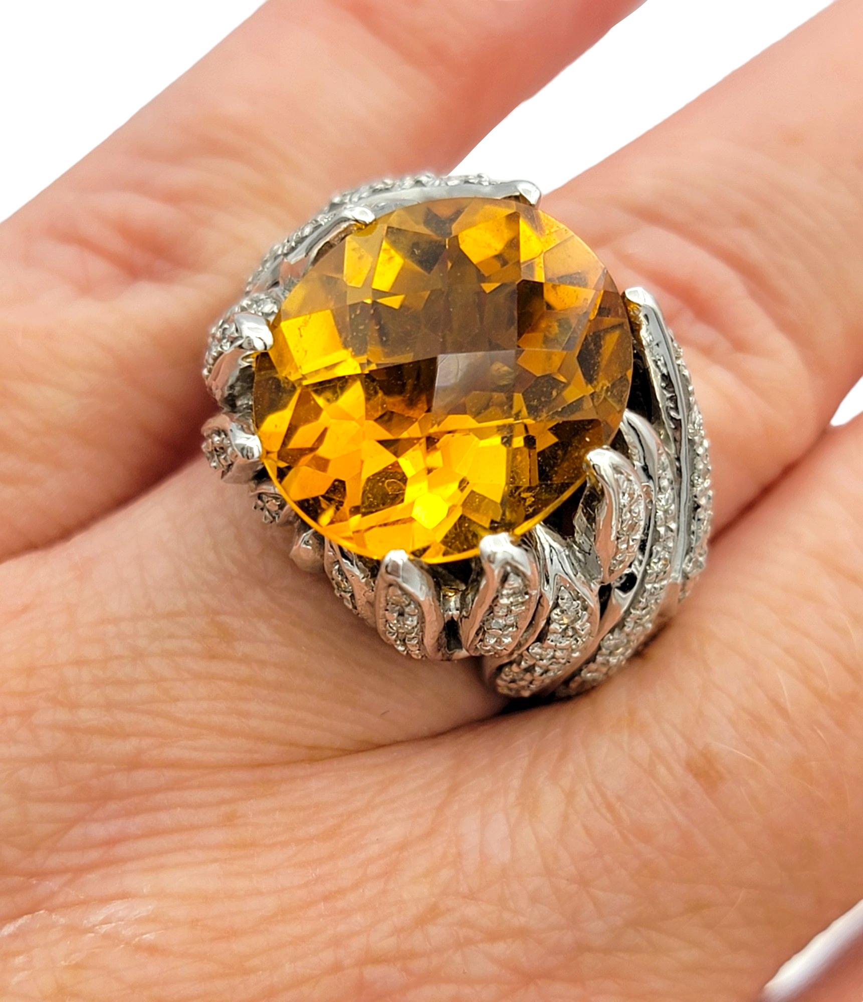 Large Oval Citrine and Diamond Leaf Design Cocktail Ring in 14 Karat White Gold For Sale 4