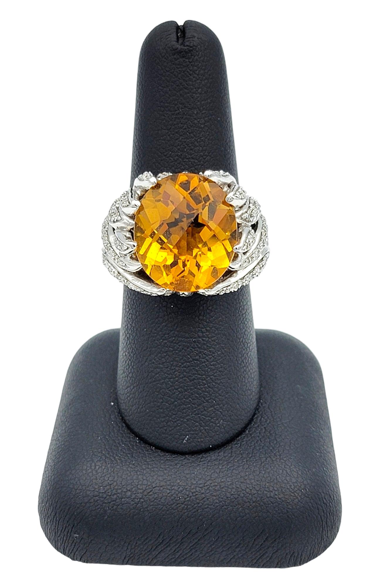Large Oval Citrine and Diamond Leaf Design Cocktail Ring in 14 Karat White Gold For Sale 5