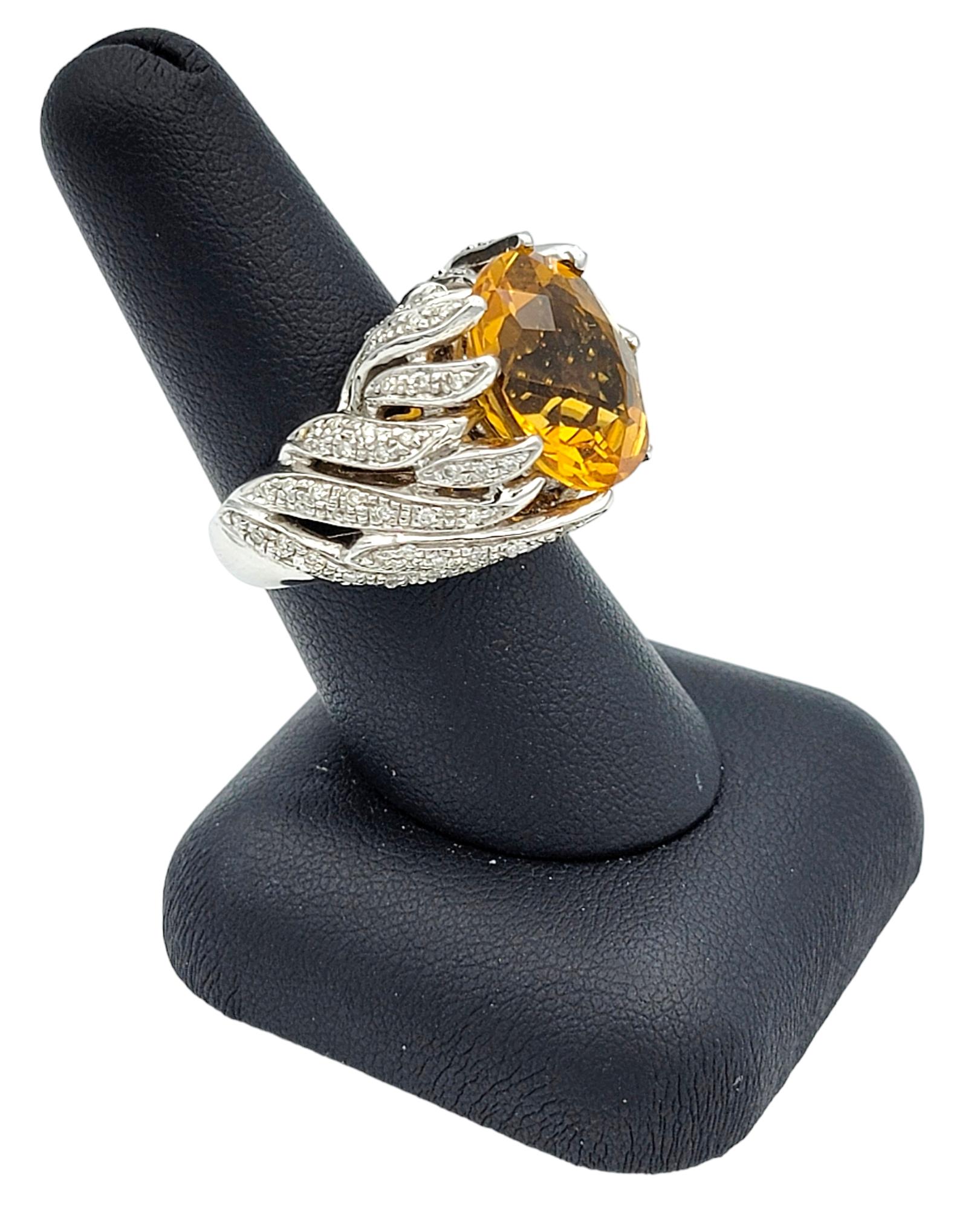 Large Oval Citrine and Diamond Leaf Design Cocktail Ring in 14 Karat White Gold For Sale 6